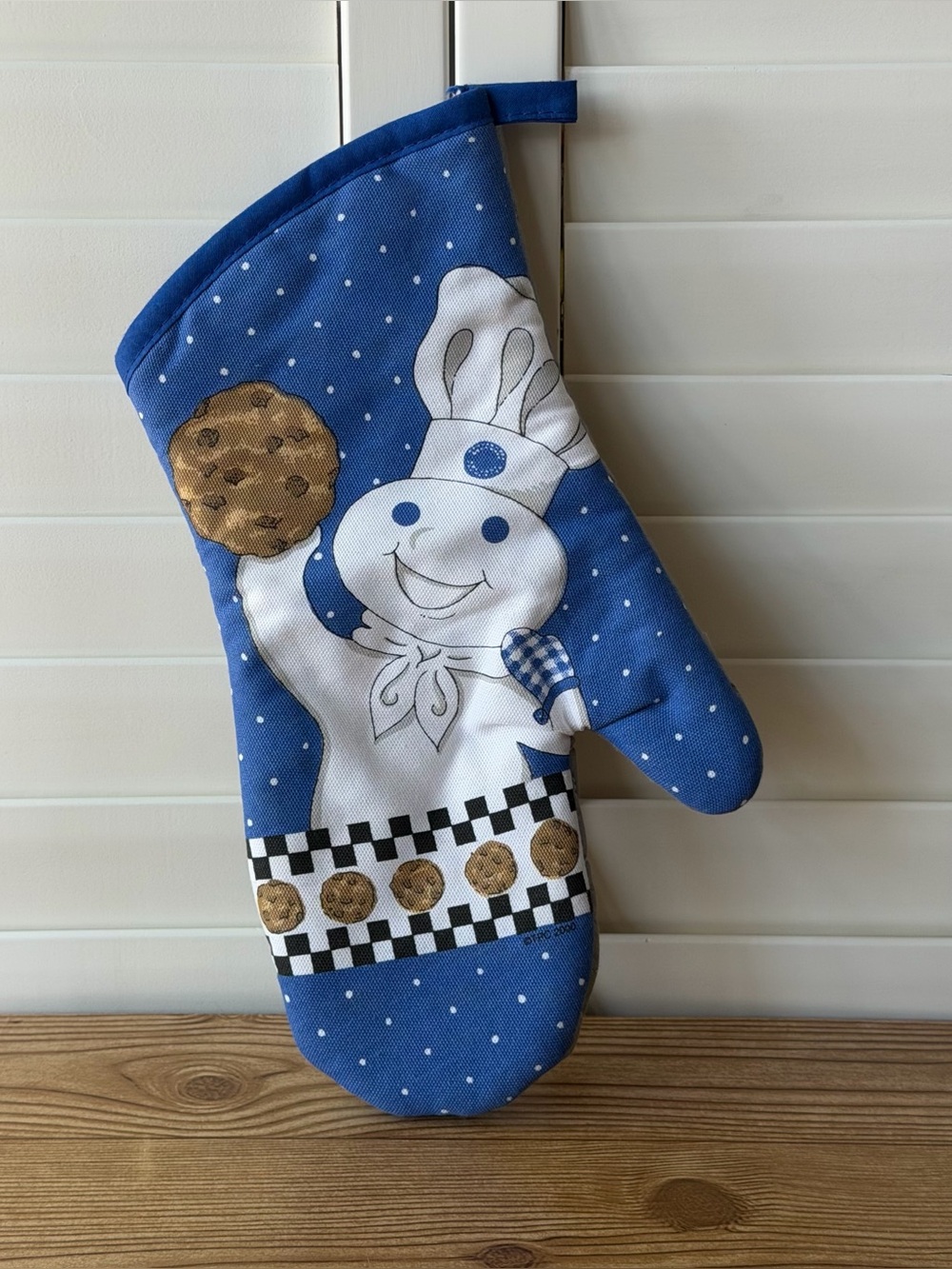 Pillsbury Doughboy Holding Cookies Quilted Vintage Blue Polka Dot Oven Mitt